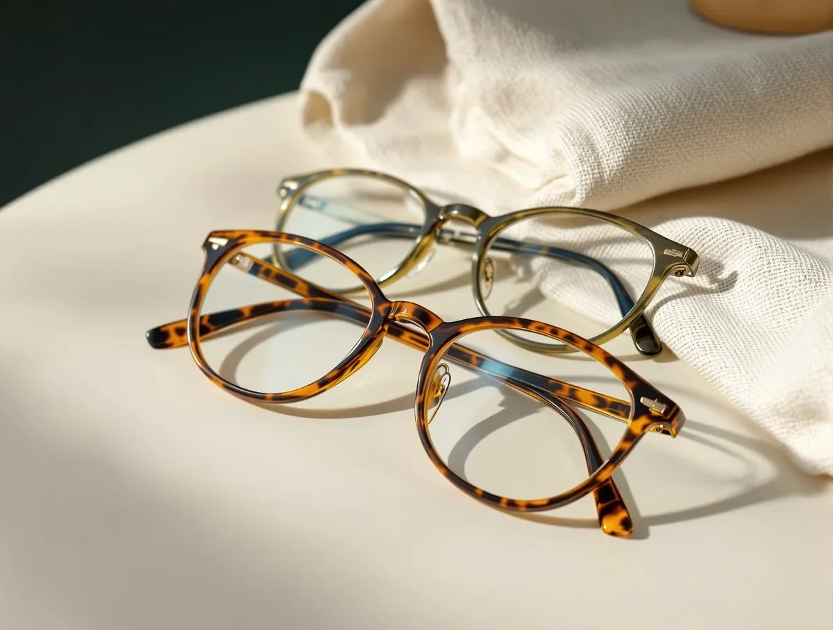 Hand-finished acetate eyeglass frames in tortoiseshell and olive