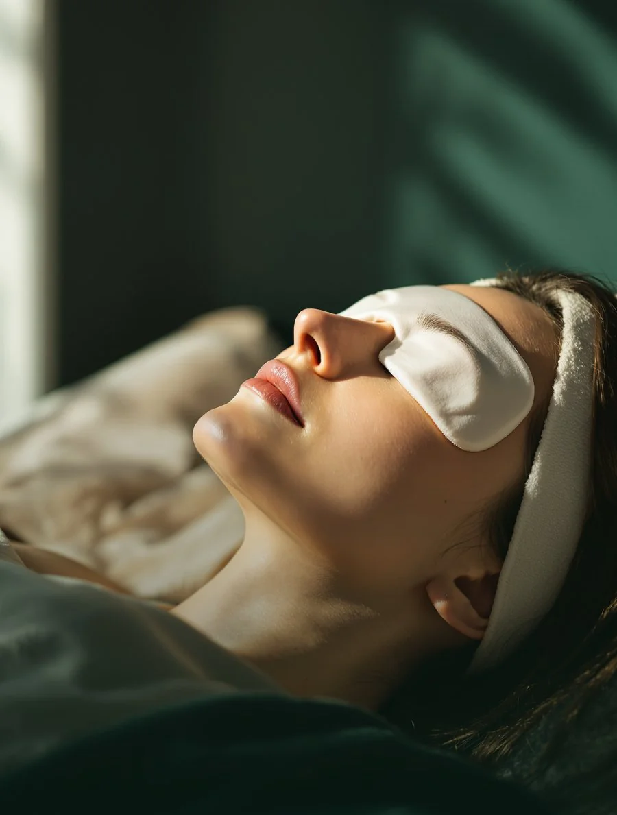 A warm compress resting over closed eyes, part of dry eye treatment at Eye Trends in Clear Lake