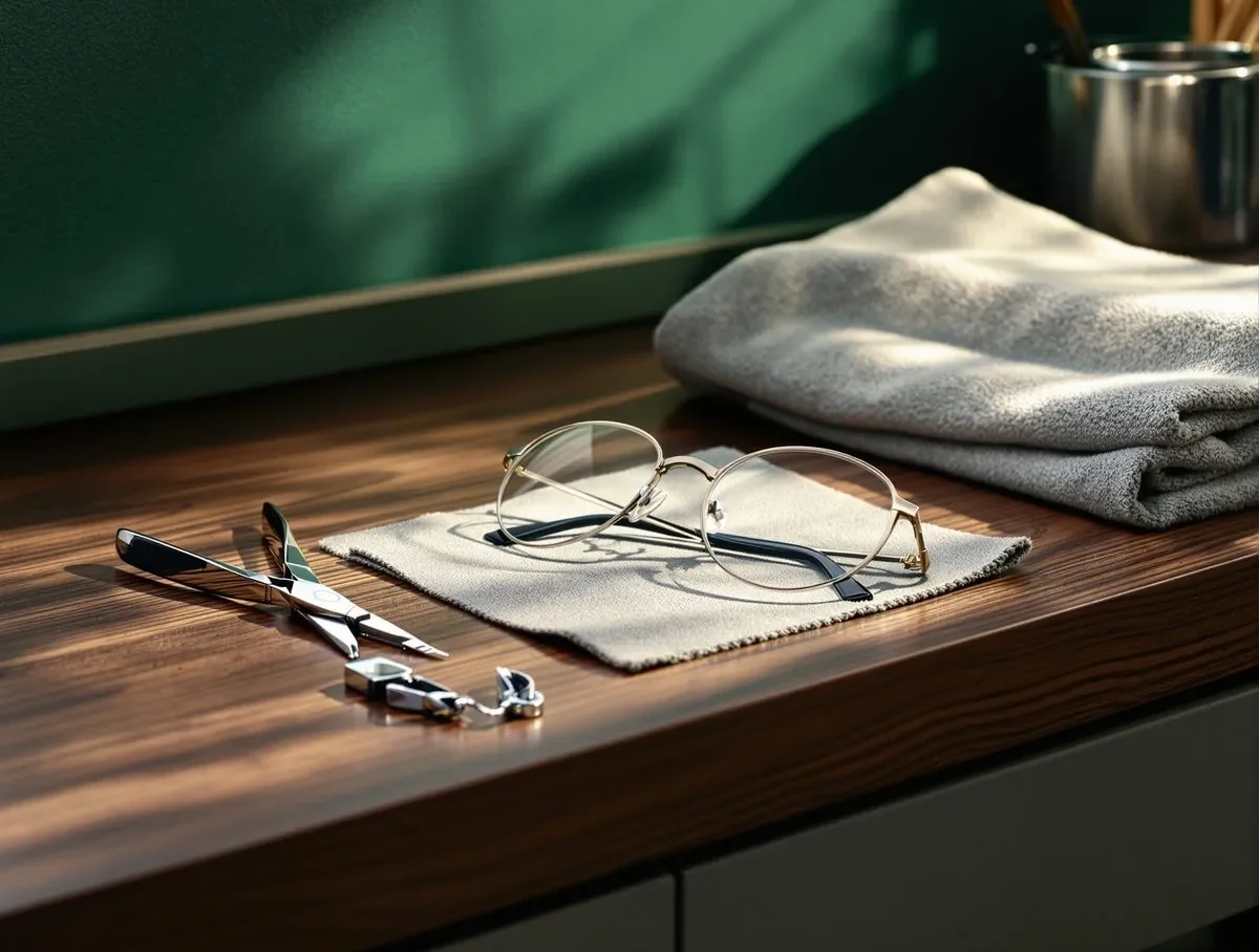An optician's bench where eyeglass frames are adjusted by hand