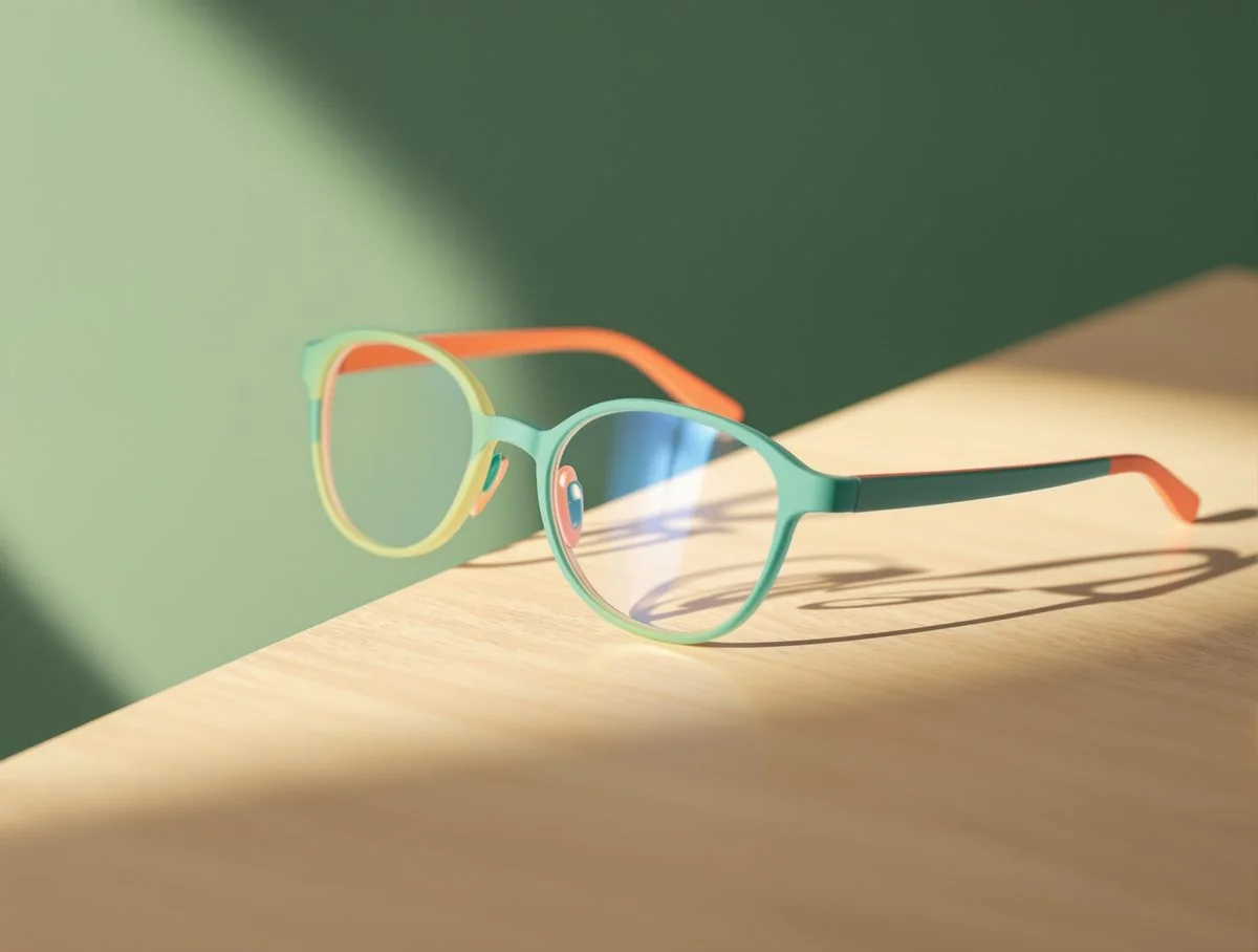 A flexible children's eyeglass frame showing its springy temple arm