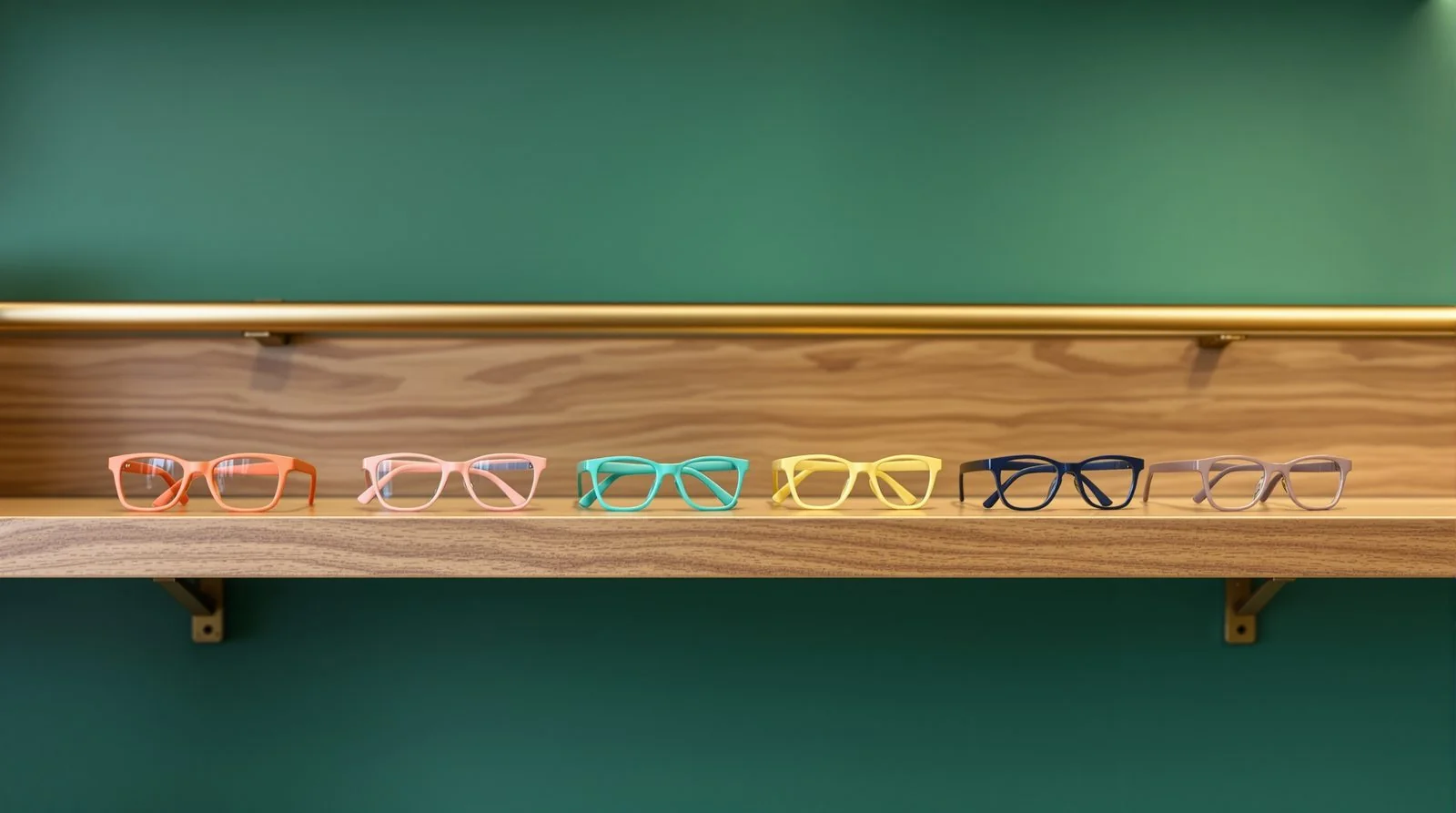 Colorful children's eyeglass frames on a display shelf