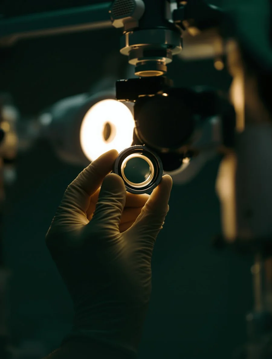 A condensing lens held at the exam light during a dilated retinal check at Eye Trends in Clear Lake