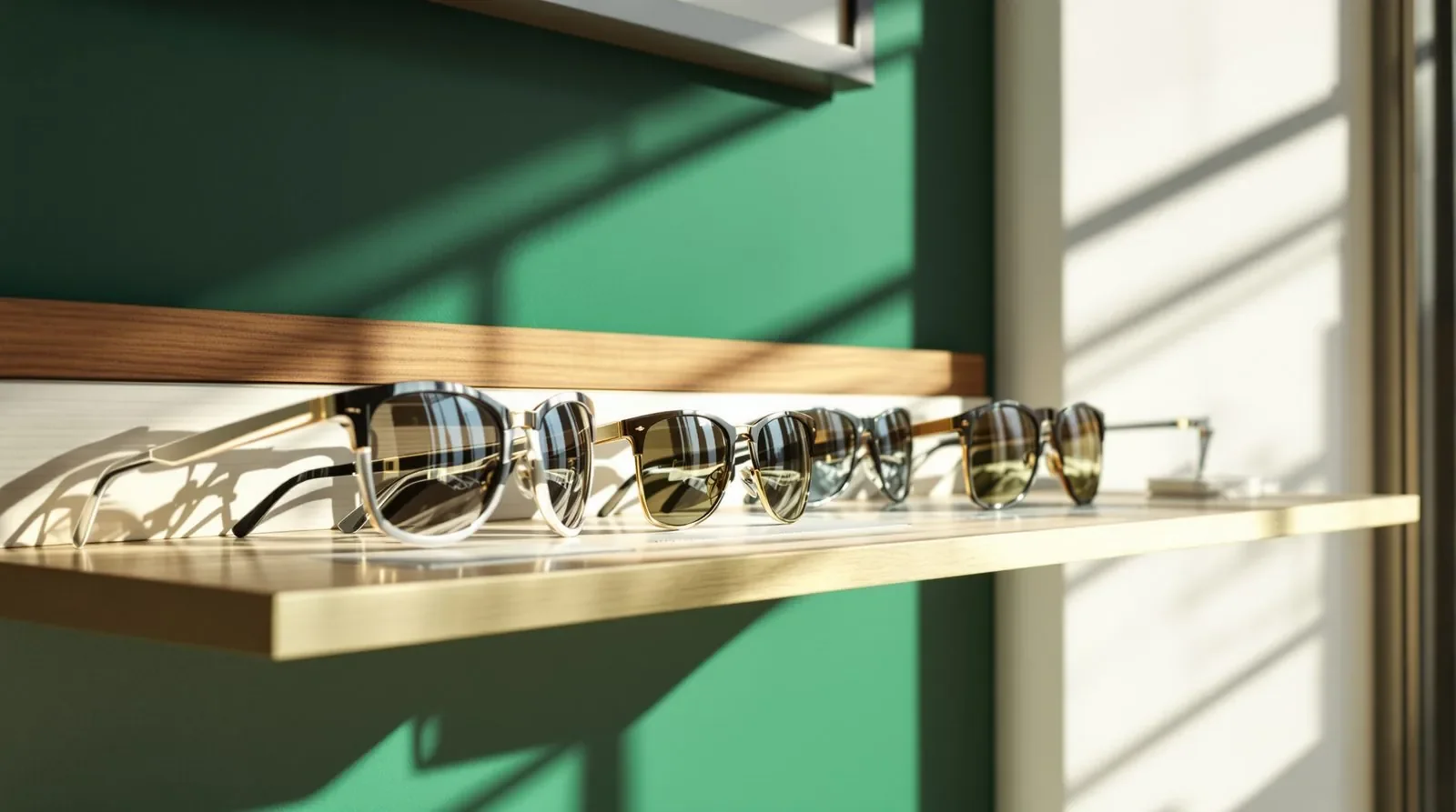 Designer sunglasses on a brass display rail at Eye Trends